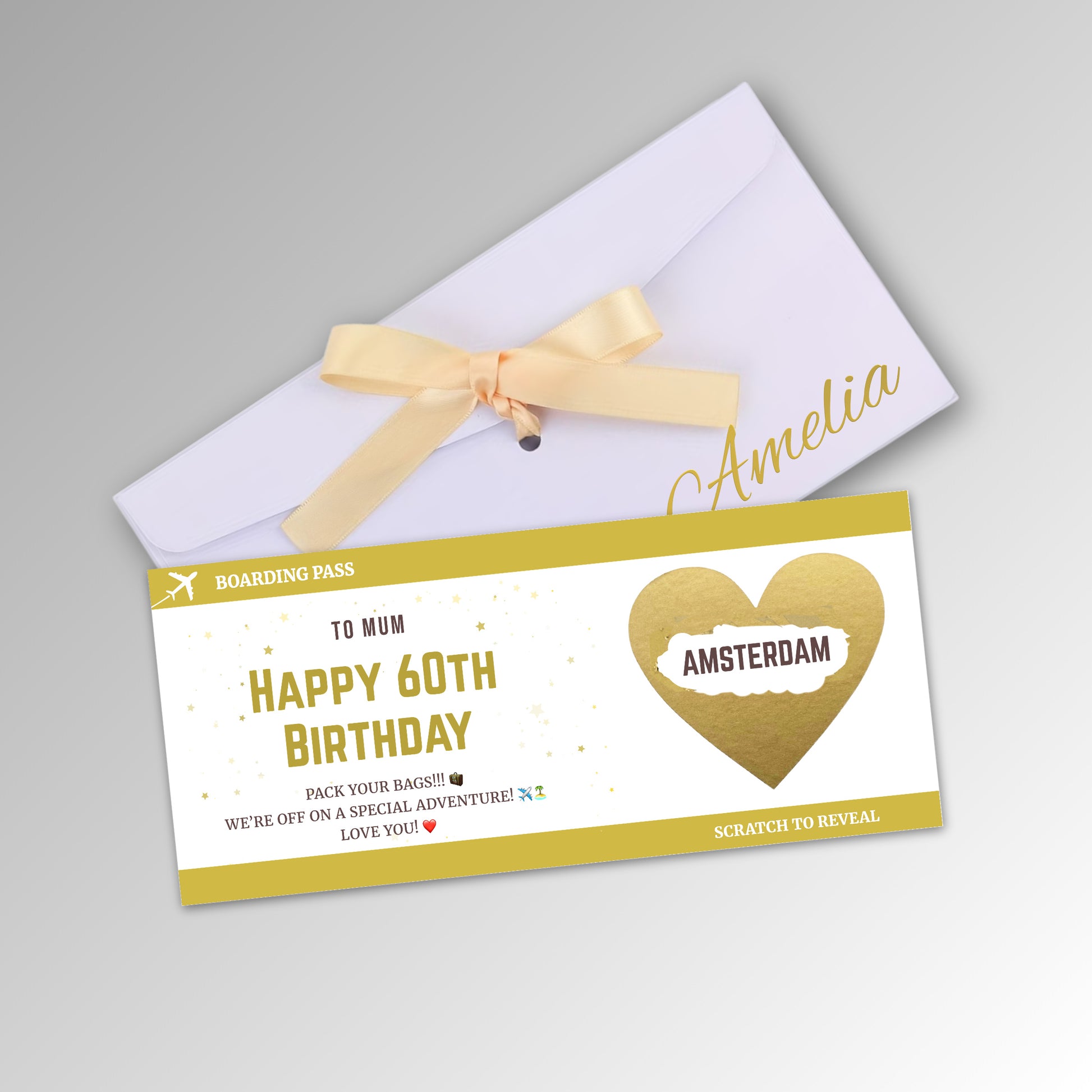 Personalised Birthday Boarding Pass Scratch Reveal Card - Premium White Envelope with GOLD Card (With Name)