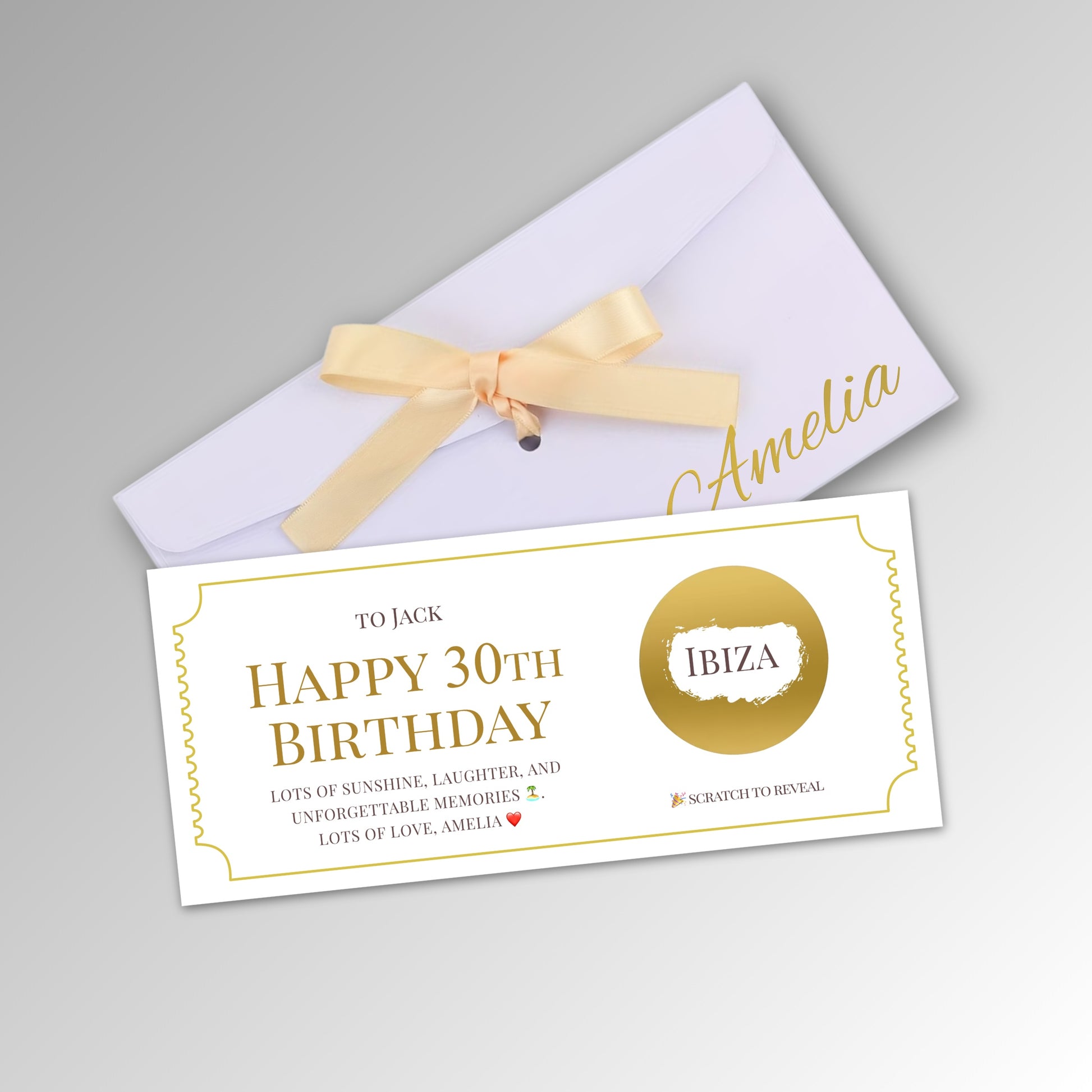 Personalised Birthday or Christmas Scratch Reveal Card - Premium White Envelope with GOLD Card (With Name)
