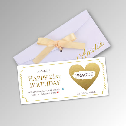 Personalised Birthday Scratch Reveal Ticket with Envelope Options - Premium White Envelope with GOLD Card (With Name)