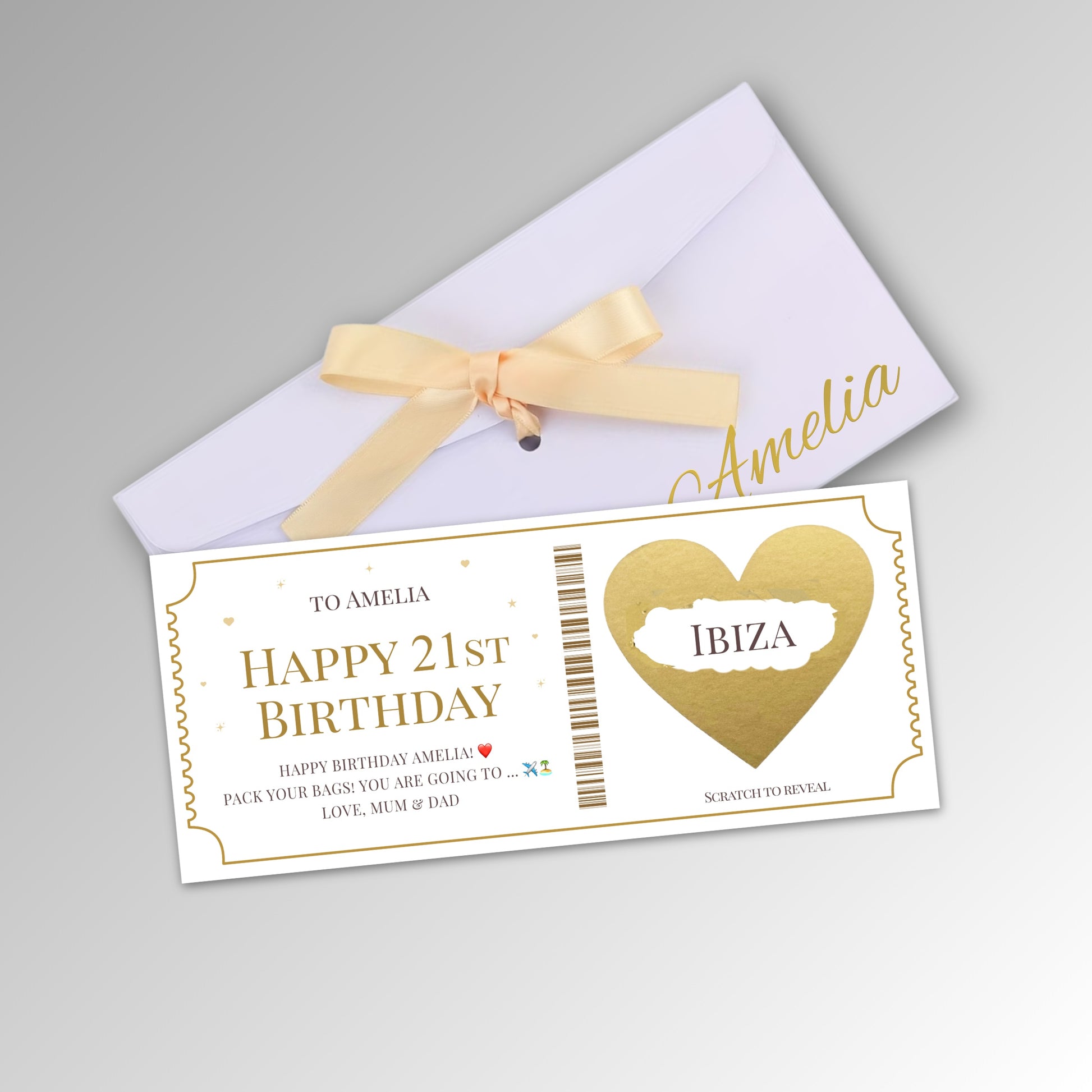 Personalised Scratch Off Surprise Ticket Card - Premium White Envelope with GOLD Card (With Name)