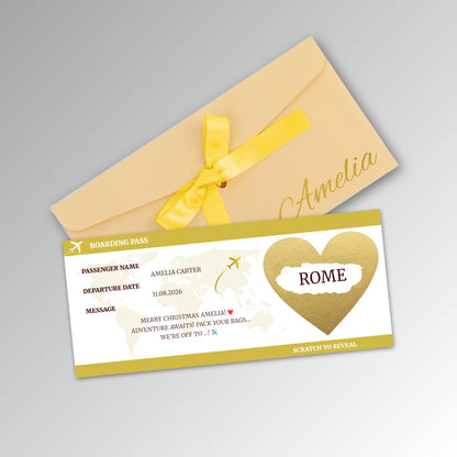 Personalised Boarding Pass Scratch Reveal Card - Premium Gold Envelope with GOLD Card (With Name)
