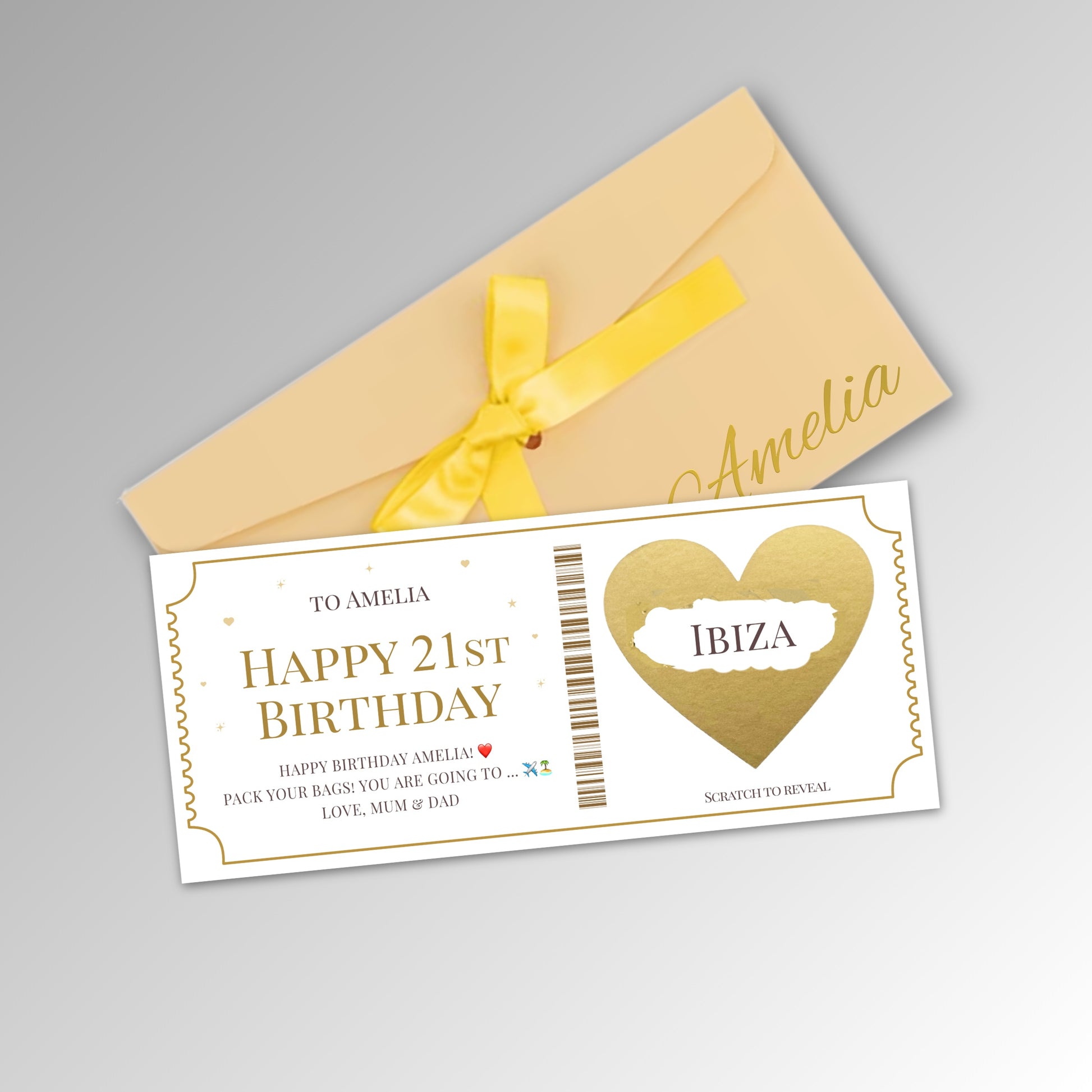 Personalised Scratch Off Surprise Ticket Card - Premium Gold Envelope with GOLD Card (With Name)