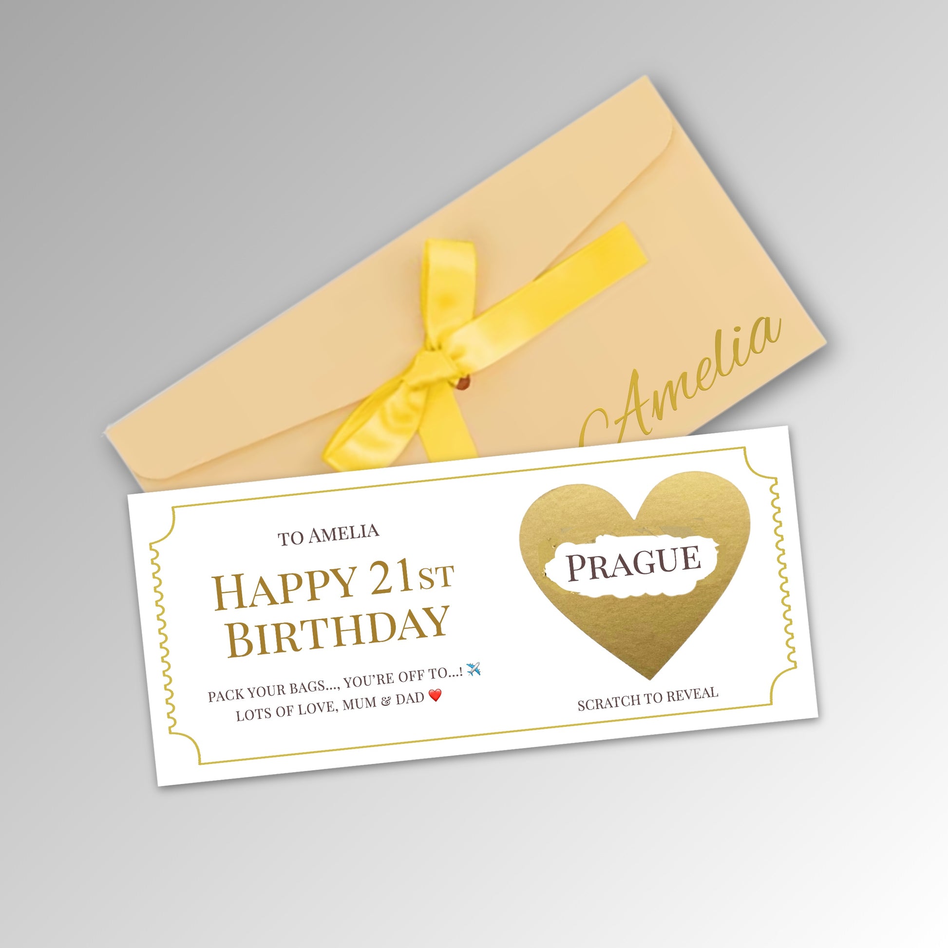 Personalised Birthday Scratch Reveal Ticket with Envelope Options - Premium Gold Envelope with GOLD Card (With Name)