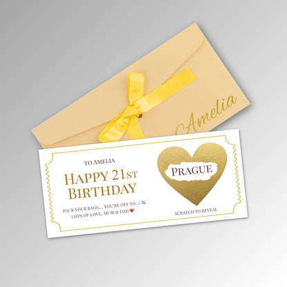 Personalised Birthday Scratch Reveal Ticket with Envelope Options - Premium Gold Envelope with GOLD Card (With Name)