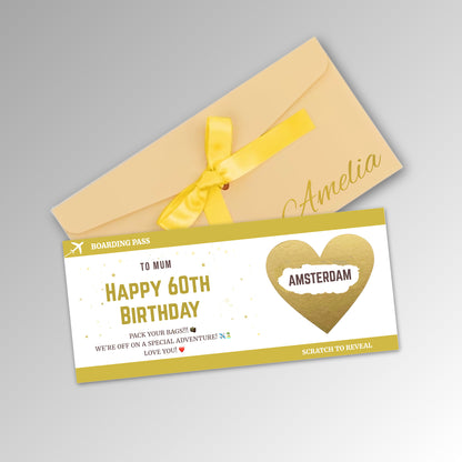 Personalised Birthday Boarding Pass Scratch Reveal Card - Premium Gold Envelope with GOLD Card (With Name)