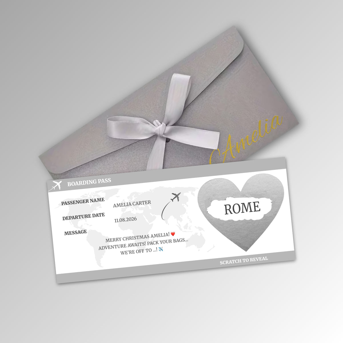 Personalised Boarding Pass Scratch Reveal Card - Premium Silver Envelope with SILVER Card (With Name)
