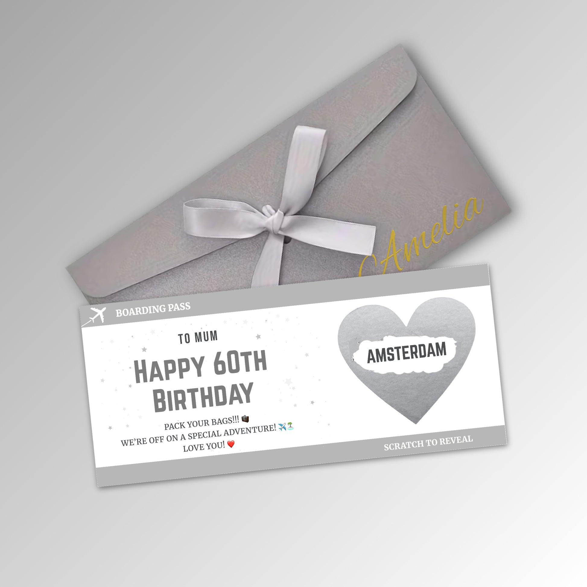 Personalised Birthday Boarding Pass Scratch Reveal Card - Premium Silver Envelope with SILVER Card (With Name)