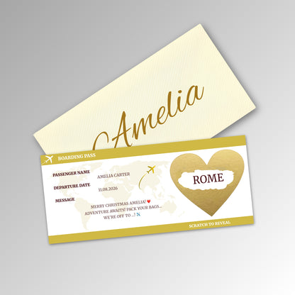 Personalised Boarding Pass Scratch Reveal Card - Classic Ivory Envelope with GOLD Card (With Name)