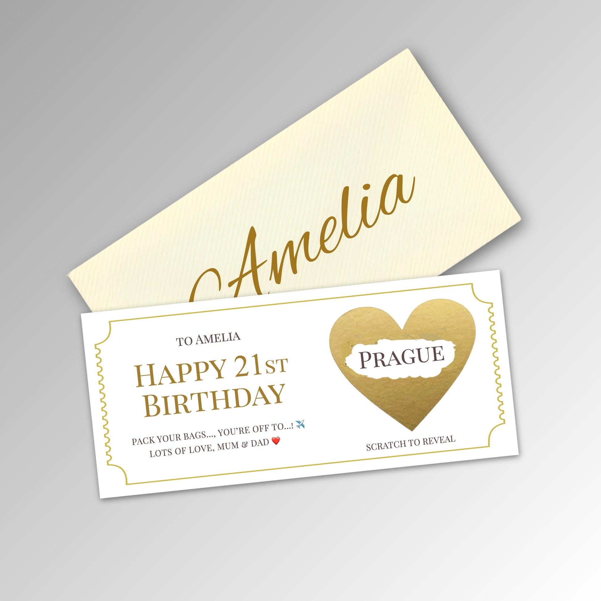 Personalised Birthday Scratch Reveal Ticket with Envelope Options - Classic Ivory Envelope with GOLD Card (With Name)