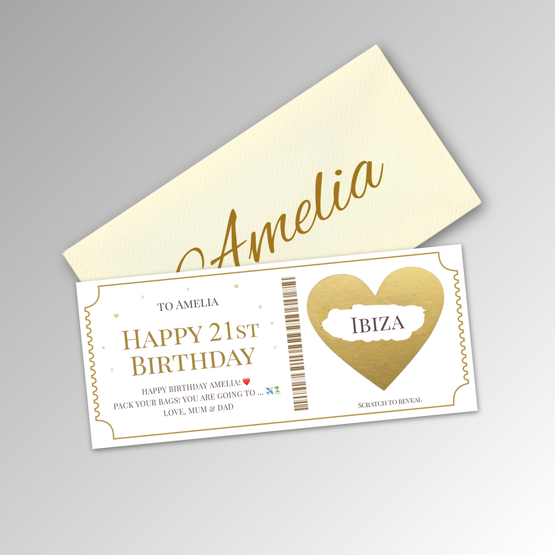 Personalised Scratch Off Surprise Ticket Card - Classic Ivory Envelope with GOLD Card (With Name)