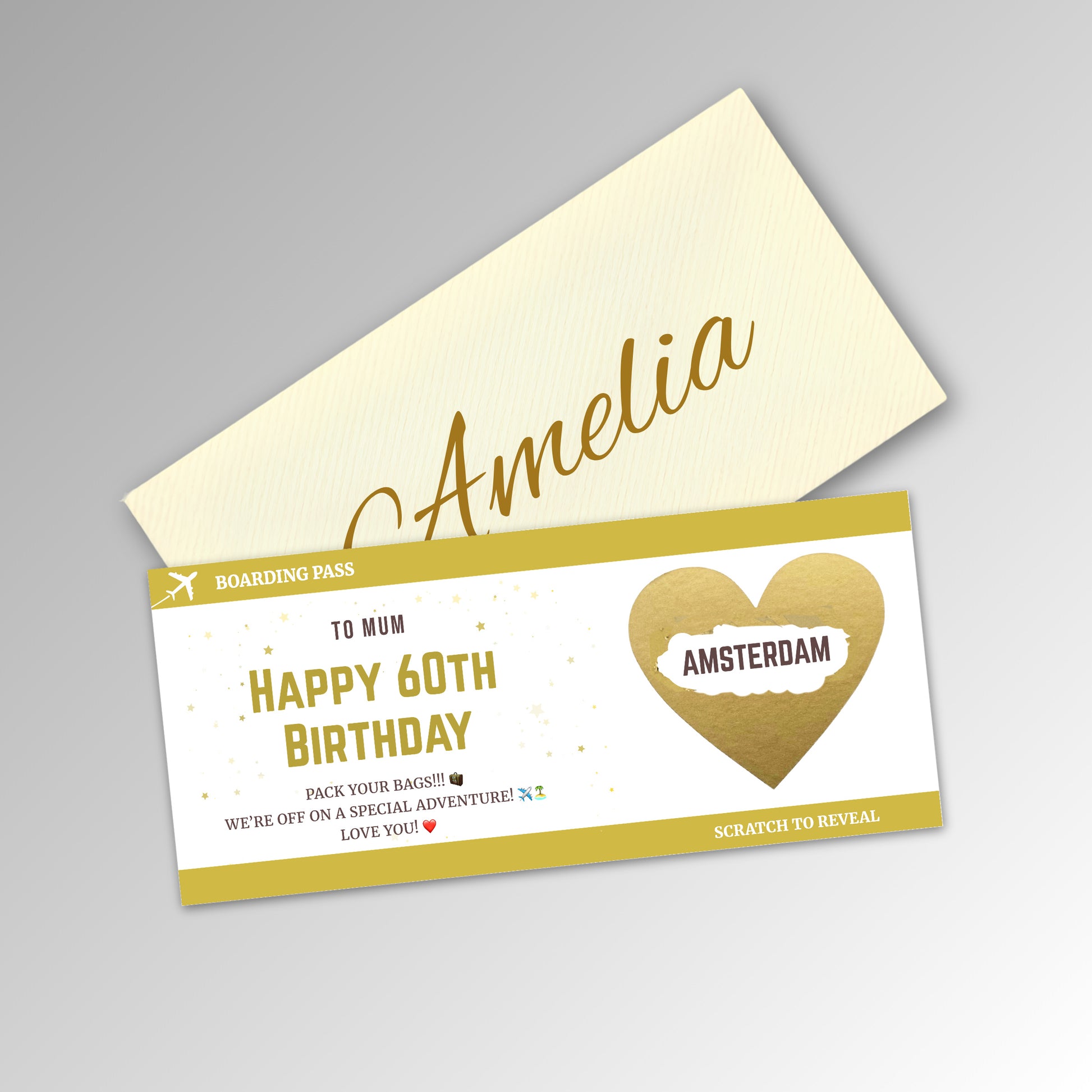 Personalised Birthday Boarding Pass Scratch Reveal Card - Classic Ivory Envelope with GOLD Card (With Name)