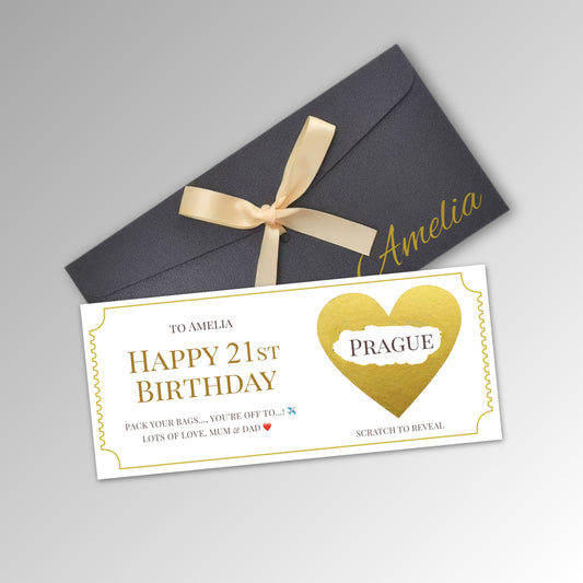 Personalised Scratch Off Birthday Ticket - Premium Black Envelope (With Name)