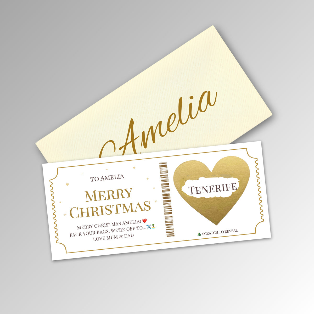 Personalised Christmas Scratch Reveal Ticket Card - Classic Ivory Envelope with GOLD Card (With Name)