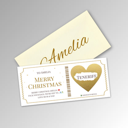 Personalised Christmas Scratch Reveal Ticket Card - Classic Ivory Envelope with GOLD Card (With Name)