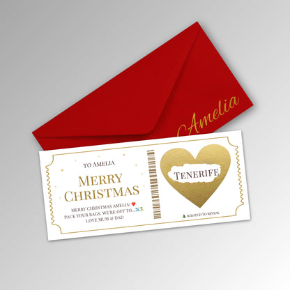 Personalised Christmas Scratch Reveal Ticket Card - Classic Red Envelope with GOLD Card (With Name)