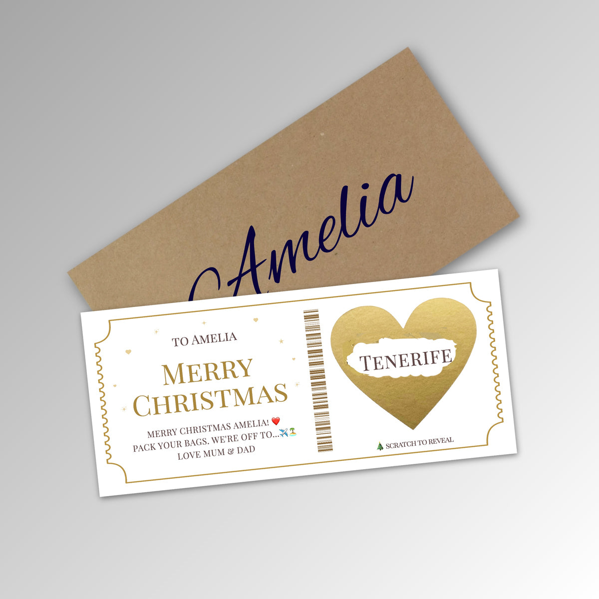 Personalised Christmas Scratch Reveal Ticket Card - Classic Kraft Envelope with GOLD Card (With Name)