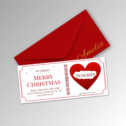 Personalised Christmas Scratch Card, Scratch to Reveal Holiday, Custom Travel Voucher, Xmas Gift - Classic Red Envelope with RED Card (With Name)