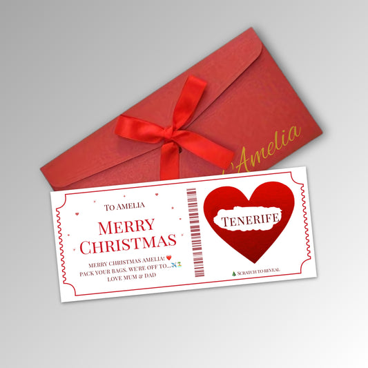 Personalised Christmas Scratch Card, Scratch to Reveal Holiday, Custom Travel Voucher, Xmas Gift - Premium Red Envelope with RED Card (With Name)