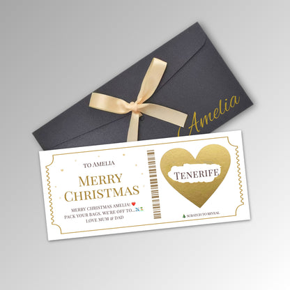 Personalised Christmas Scratch Reveal Ticket Card - Premium Black Envelope with GOLD Card (With Name)