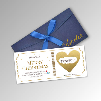 Personalised Christmas Scratch Reveal Ticket Card - Premium Blue Envelope with GOLD Card (With Name)