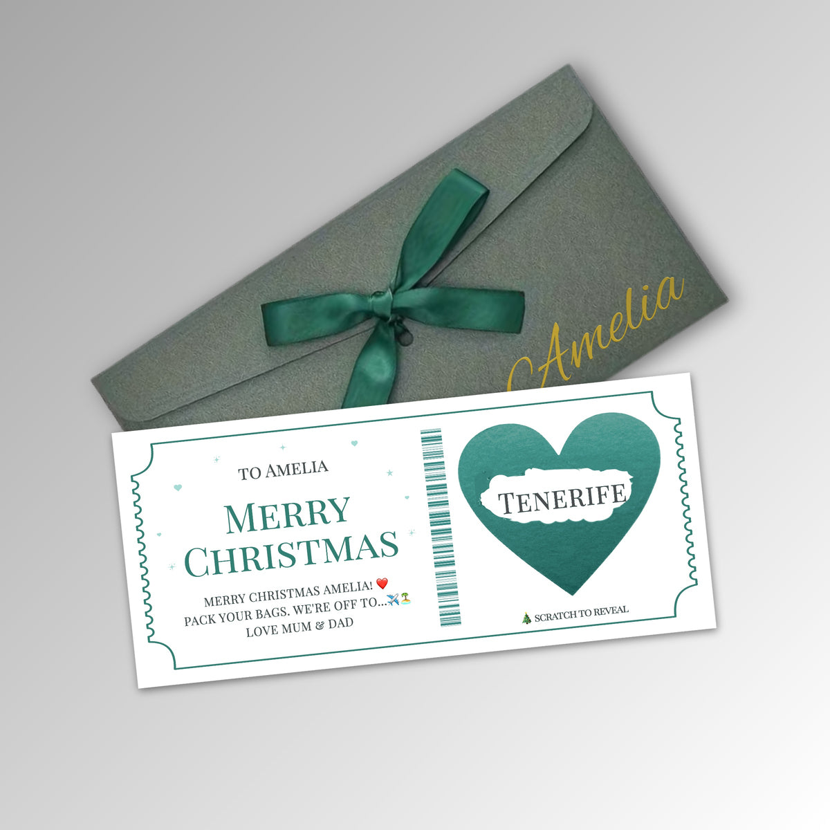 Personalised Christmas Scratch Reveal Ticket Card - Premium Green Envelope with TEAL Card (With Name)