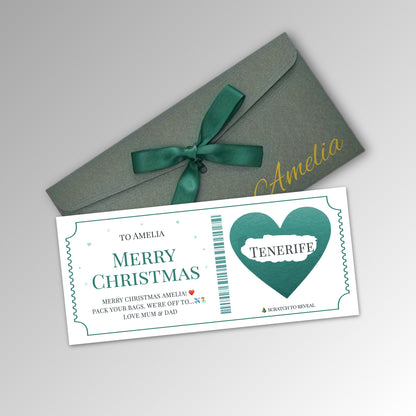 Personalised Christmas Scratch Reveal Ticket Card - Premium Green Envelope with TEAL Card (With Name)