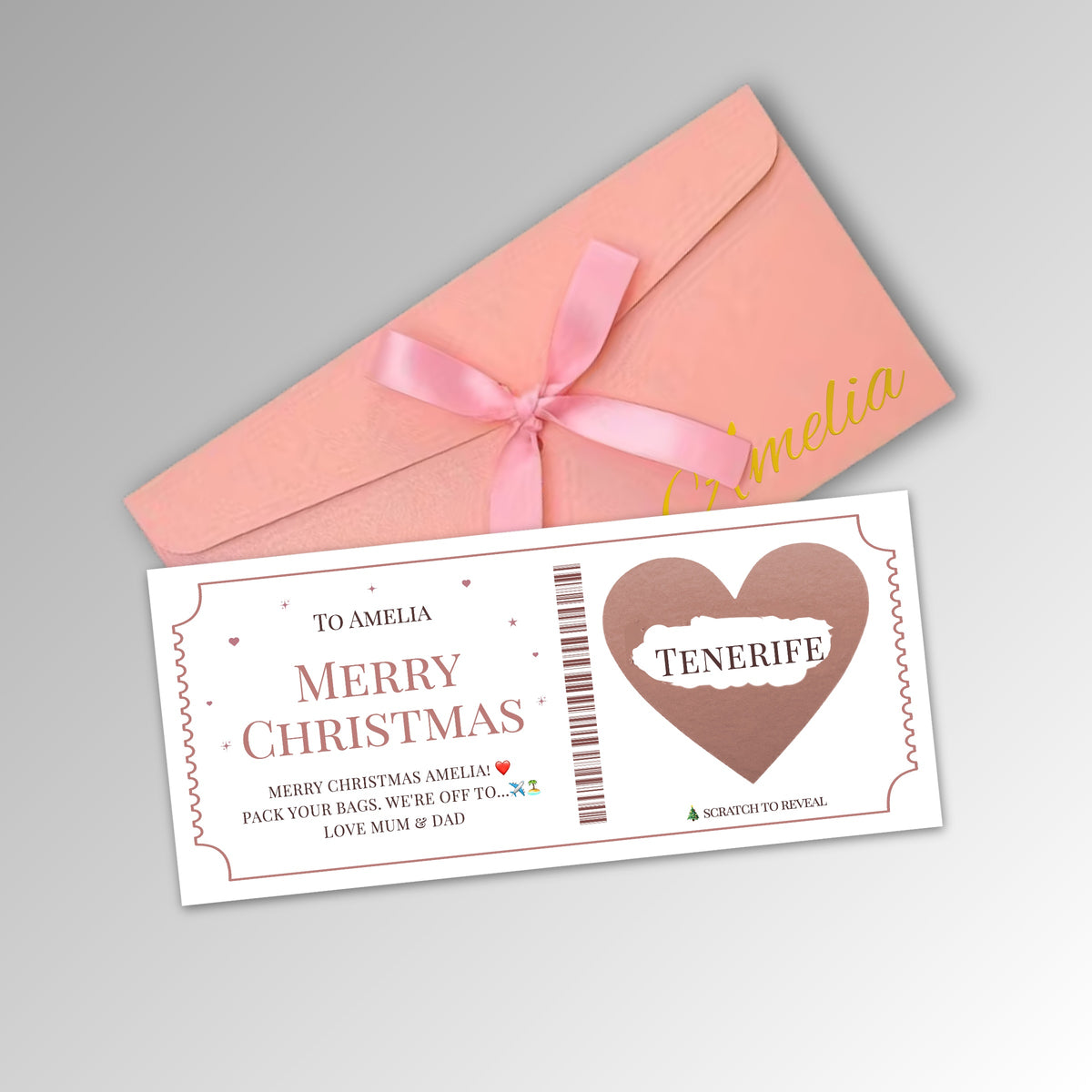 Personalised Christmas Scratch Reveal Ticket Card - Premium Pink Envelope with ROSE GOLD Card (With Name)