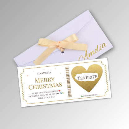 Personalised Christmas Scratch Reveal Ticket Card - Premium White Envelope with GOLD Card (With Name)