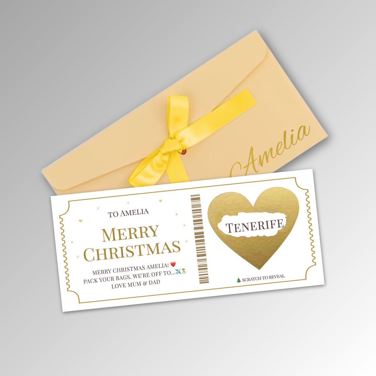 Personalised Christmas Scratch Reveal Ticket Card - Premium Gold Envelope with GOLD Card (With Name)
