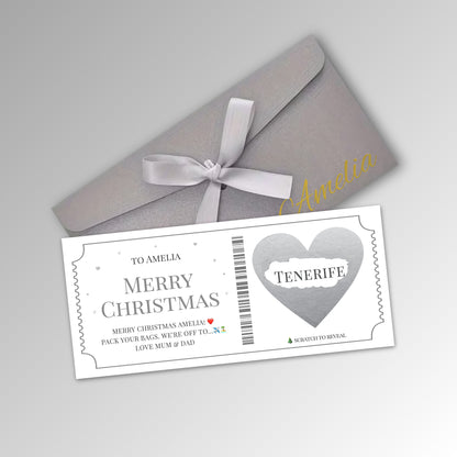 Personalised Christmas Scratch Reveal Ticket Card - Premium Silver Envelope with SILVER Card (With Name)