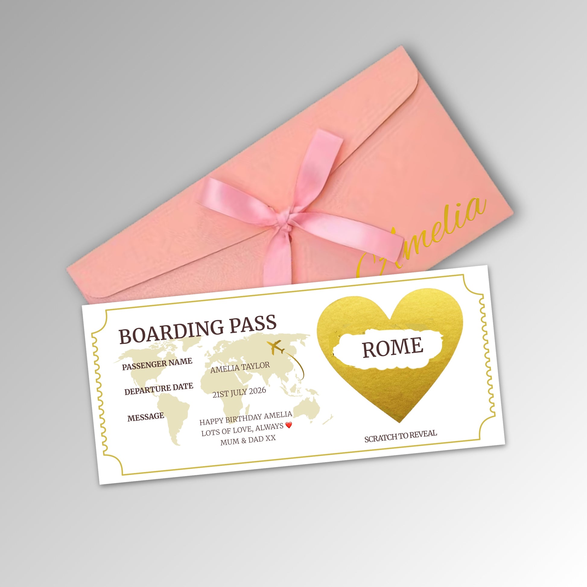 Personalised Boarding Pass - Premium Pink Envelope (With Name)