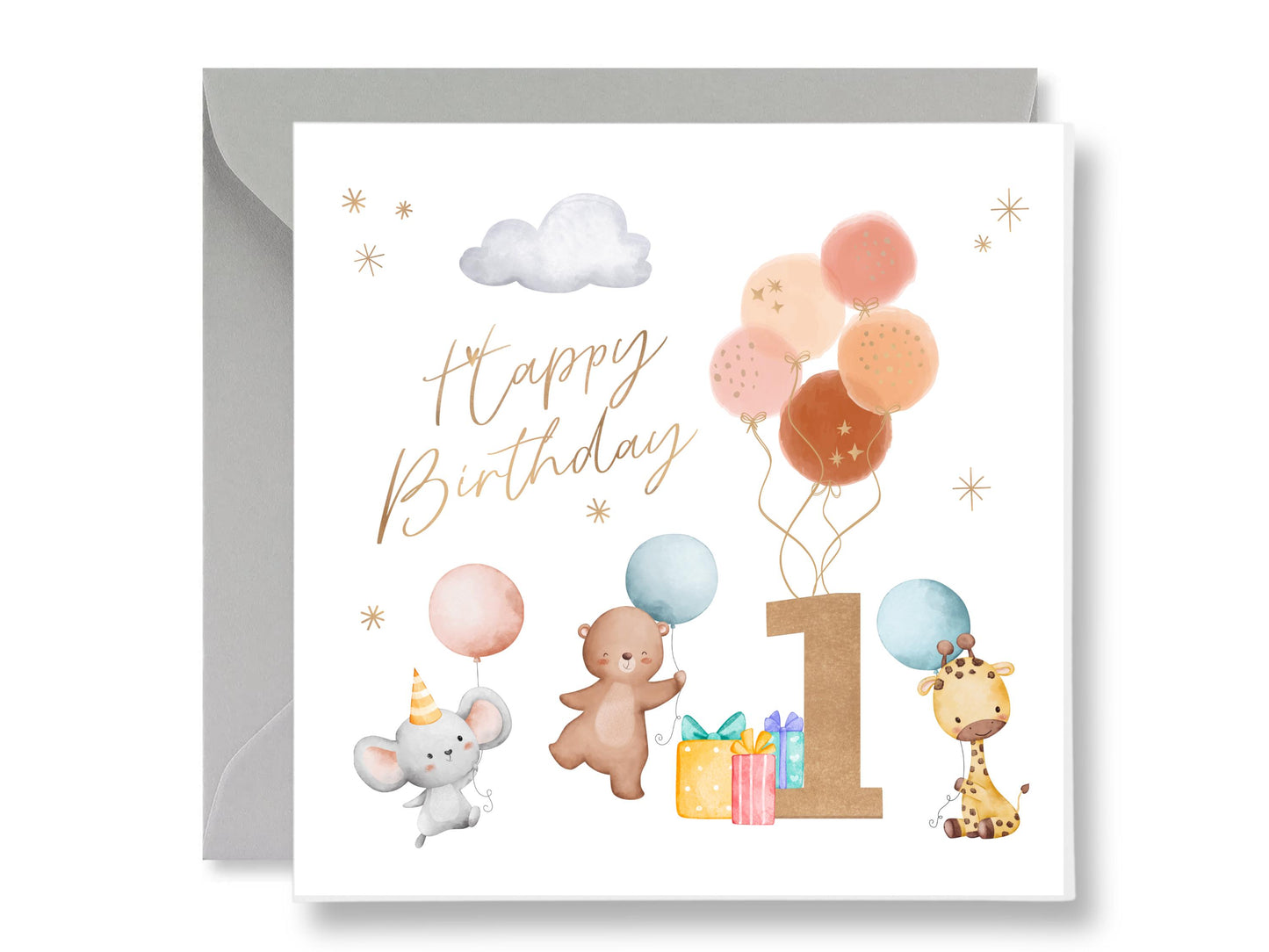 First Birthday Card, Watercolor Animals, Gold Text, Grey Envelope