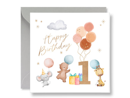 First Birthday Card, Watercolor Animals, Gold Text, Grey Envelope