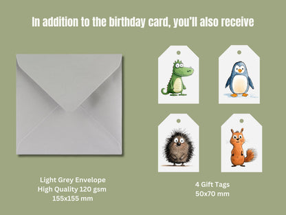 Second Birthday Card, Watercolor Animals, Gold Text
