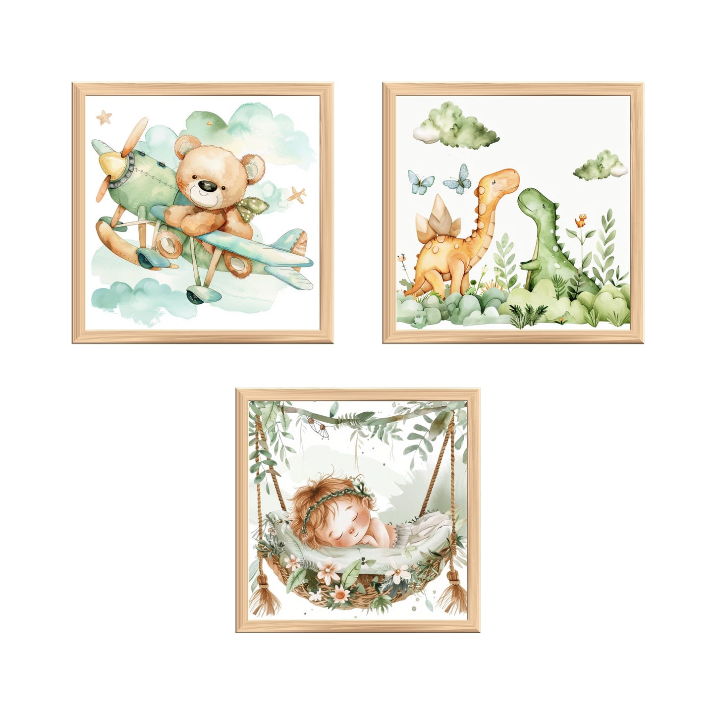 Whimsical Nursery Decor Prints – Bear, Dinosaurs, Sleeping Baby (Set of 3 Unframed)