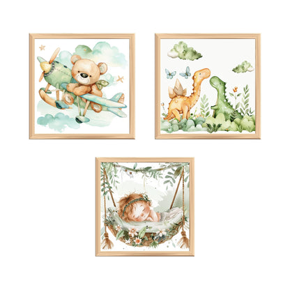 Whimsical Nursery Decor Prints – Bear, Dinosaurs, Sleeping Baby (Set of 3 Unframed)