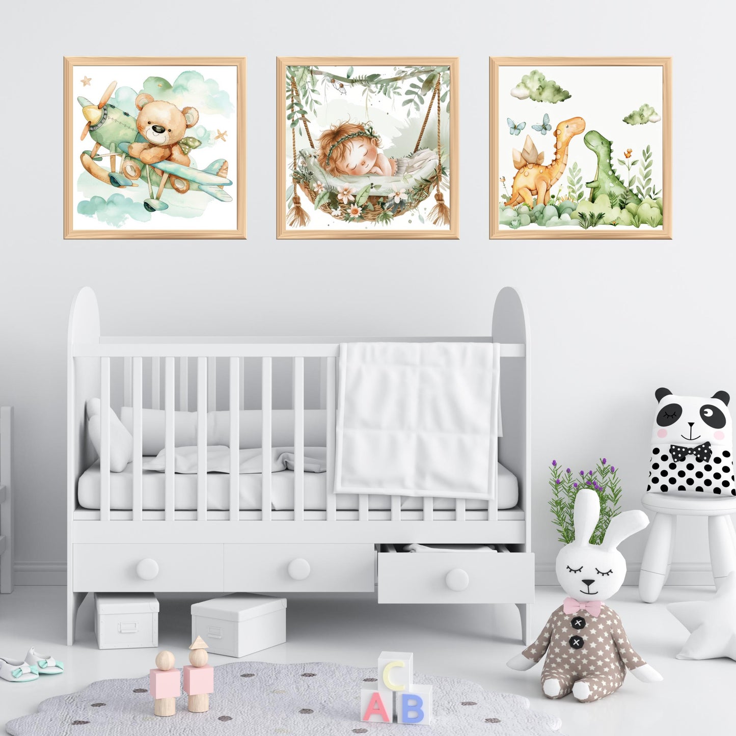 Whimsical Nursery Decor Prints – Bear, Dinosaurs, Sleeping Baby (Set of 3 Unframed)