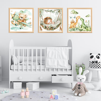 Whimsical Nursery Decor Prints – Bear, Dinosaurs, Sleeping Baby (Set of 3 Unframed)