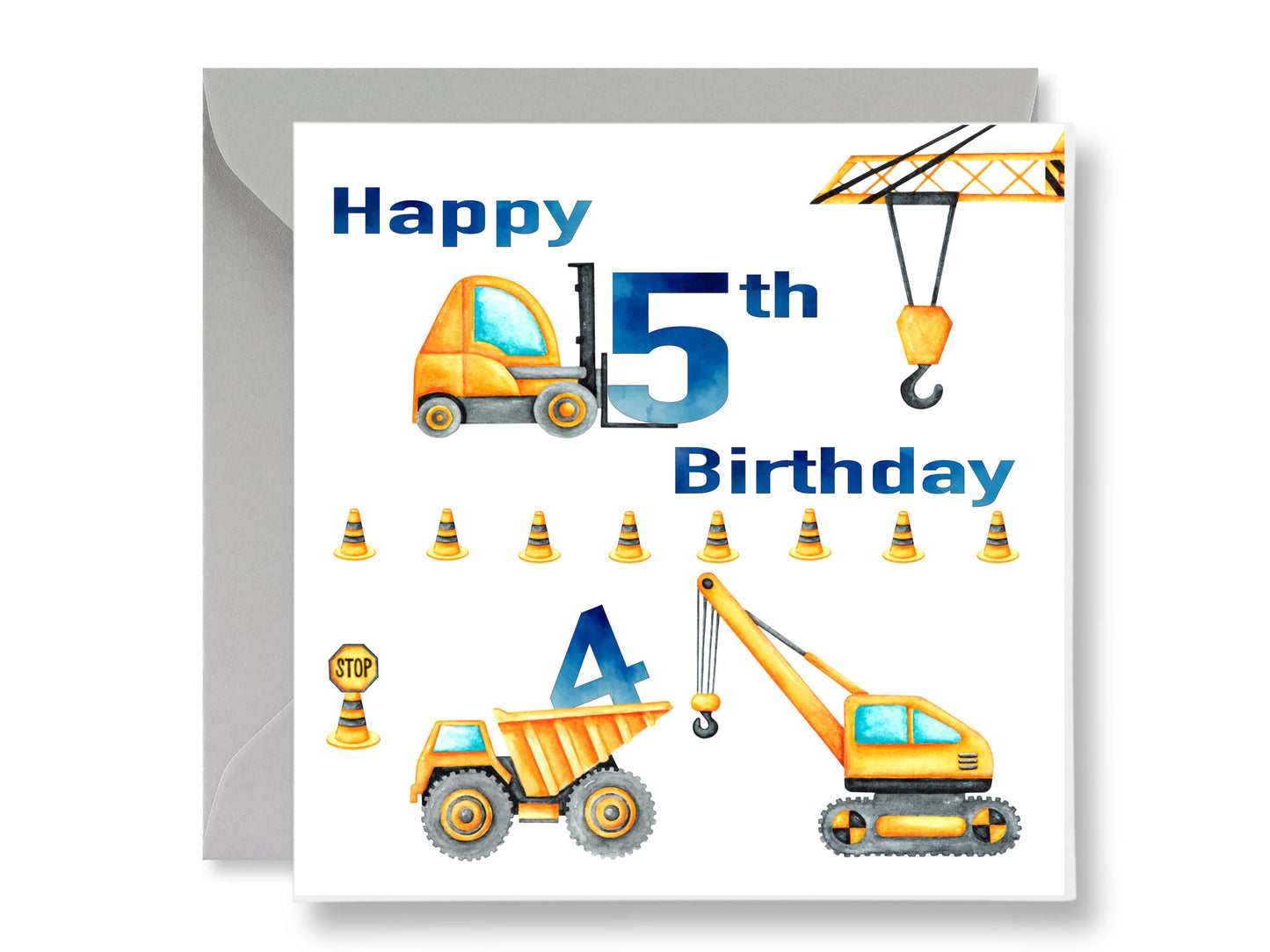 Construction 5th Birthday Card, Trucks, Crane, with Envelope & Gift Tags