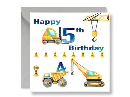 Construction 5th Birthday Card, Trucks, Crane, with Envelope & Gift Tags