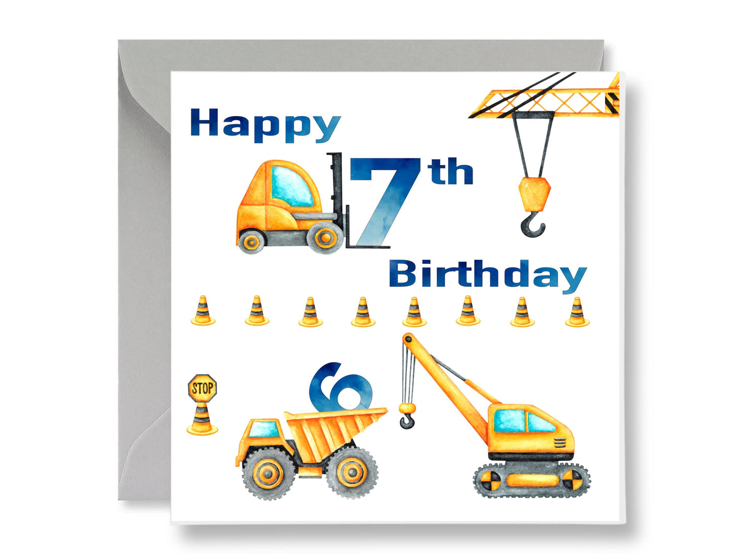 Construction 7th Birthday Card, Trucks, Crane, Boys (Gift Tags)