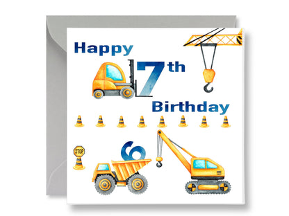 Construction 7th Birthday Card, Trucks, Crane, Boys (Gift Tags)