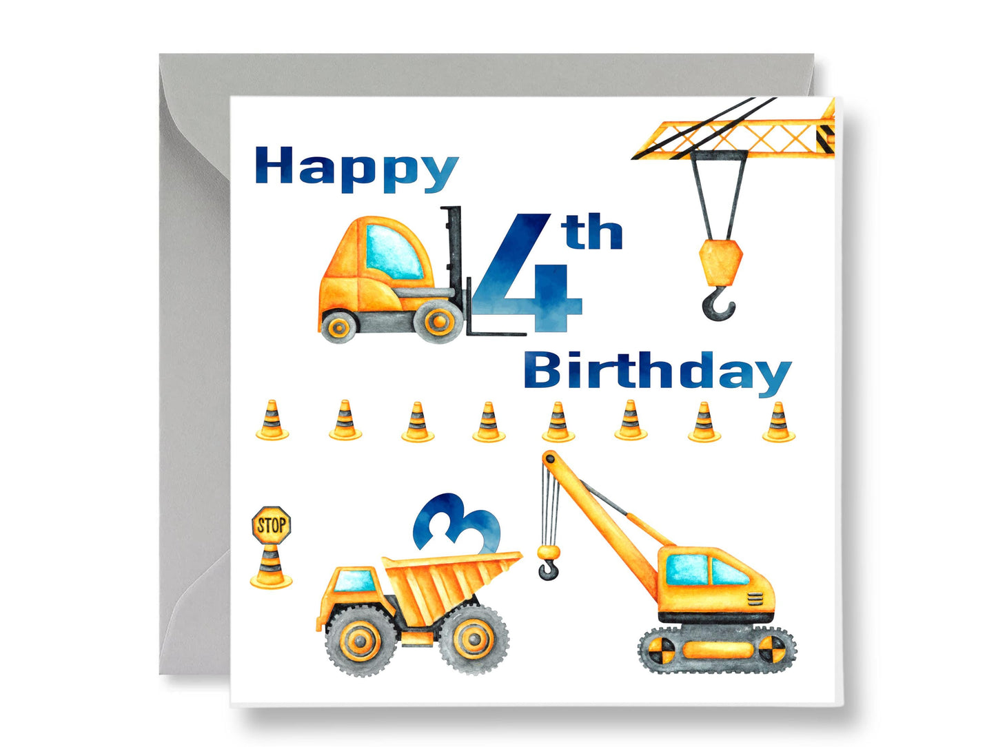 Construction 4th Birthday Card, Trucks, Cranes, Handmade
