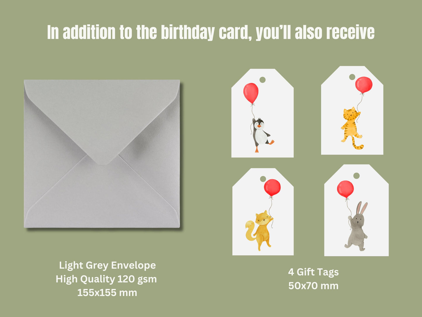 Fox Birthday Card, Red Balloon, 300gsm Matte Card with Gift Tags