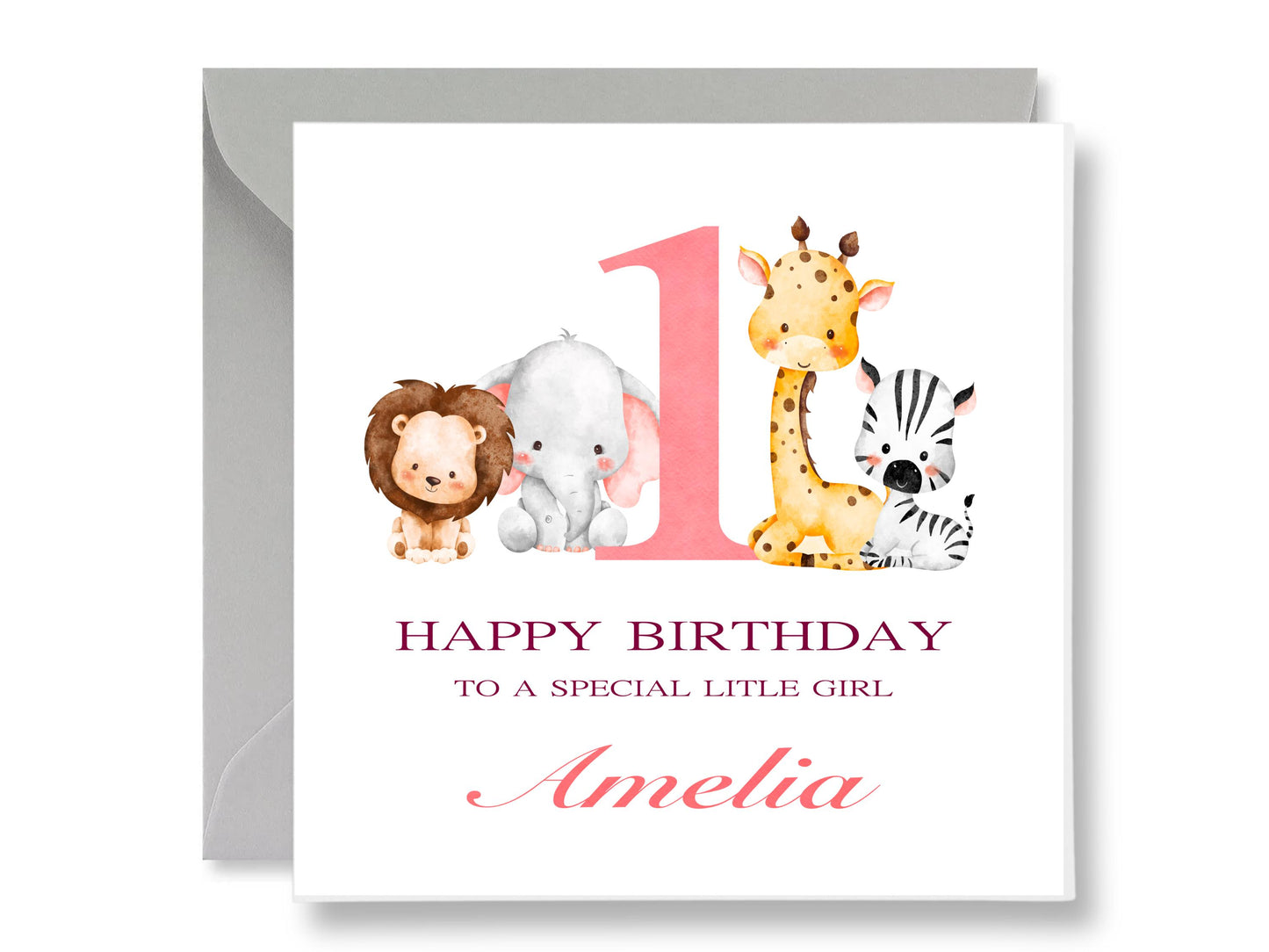 Safari Animal 1st Birthday Card, Baby Girl Gift, with Gift Tags