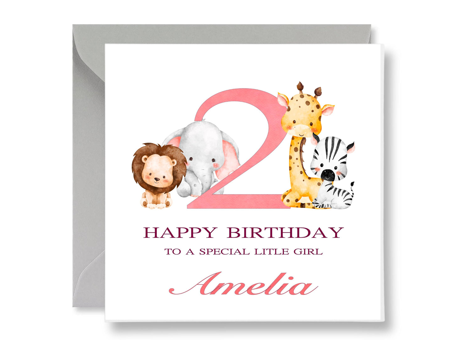 Safari Animals 2nd Birthday Card, Girl, with Gift Tags