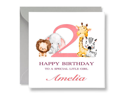 Safari Animals 2nd Birthday Card, Girl, with Gift Tags