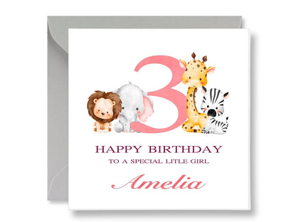Safari Animals 3rd Birthday Card, Girl, Gift Tags