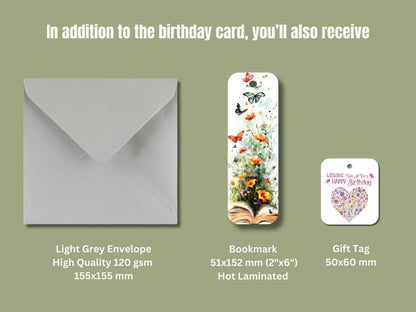 Foil Wildflower Birthday Card – Handmade with Bookmark & Gift Tag