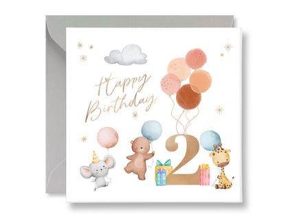 Second Birthday Card, Watercolor Animals, Gold Text